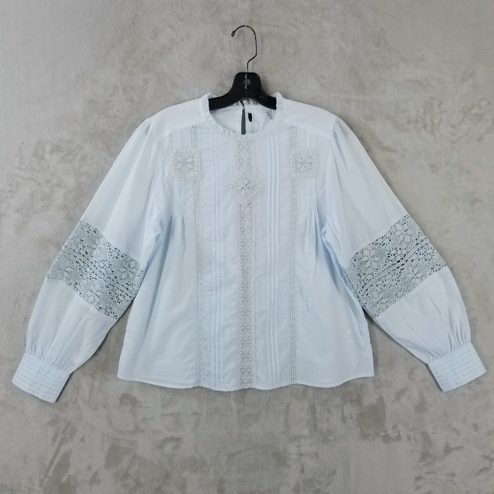 Evereve Blouse Women Blue Crochet Lightweight Cotton Bishop Sleeve Boho Prairie